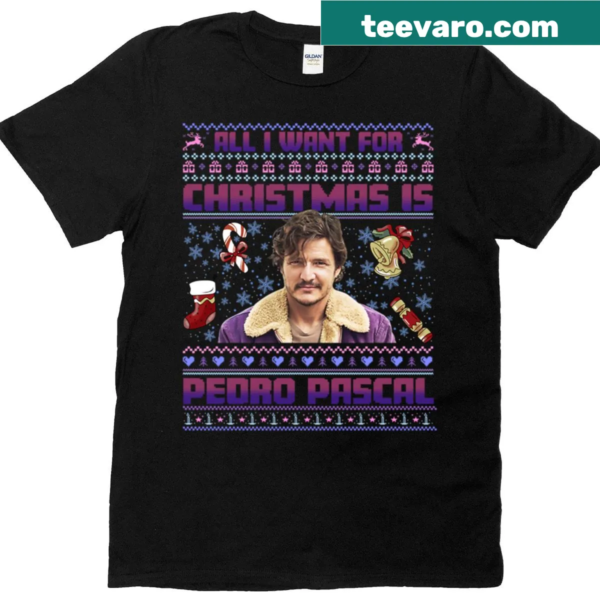 Playful T-shirt with 'All I Want For Christmas Is Pedro Pascal' text — on a men's t-shirt