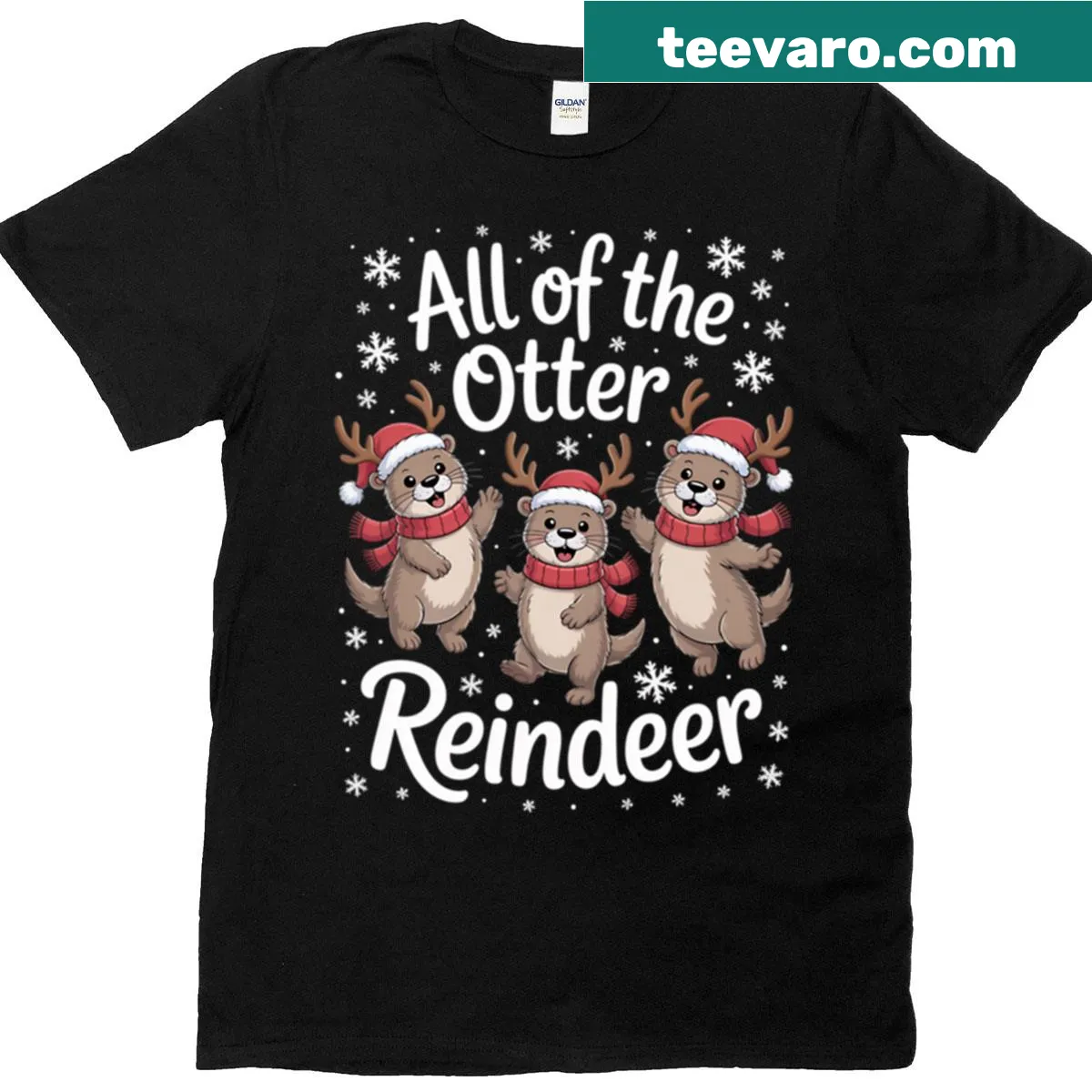 Cute Christmas t-shirt with otters dressed as reindeer in a festive design — on a men's t-shirt