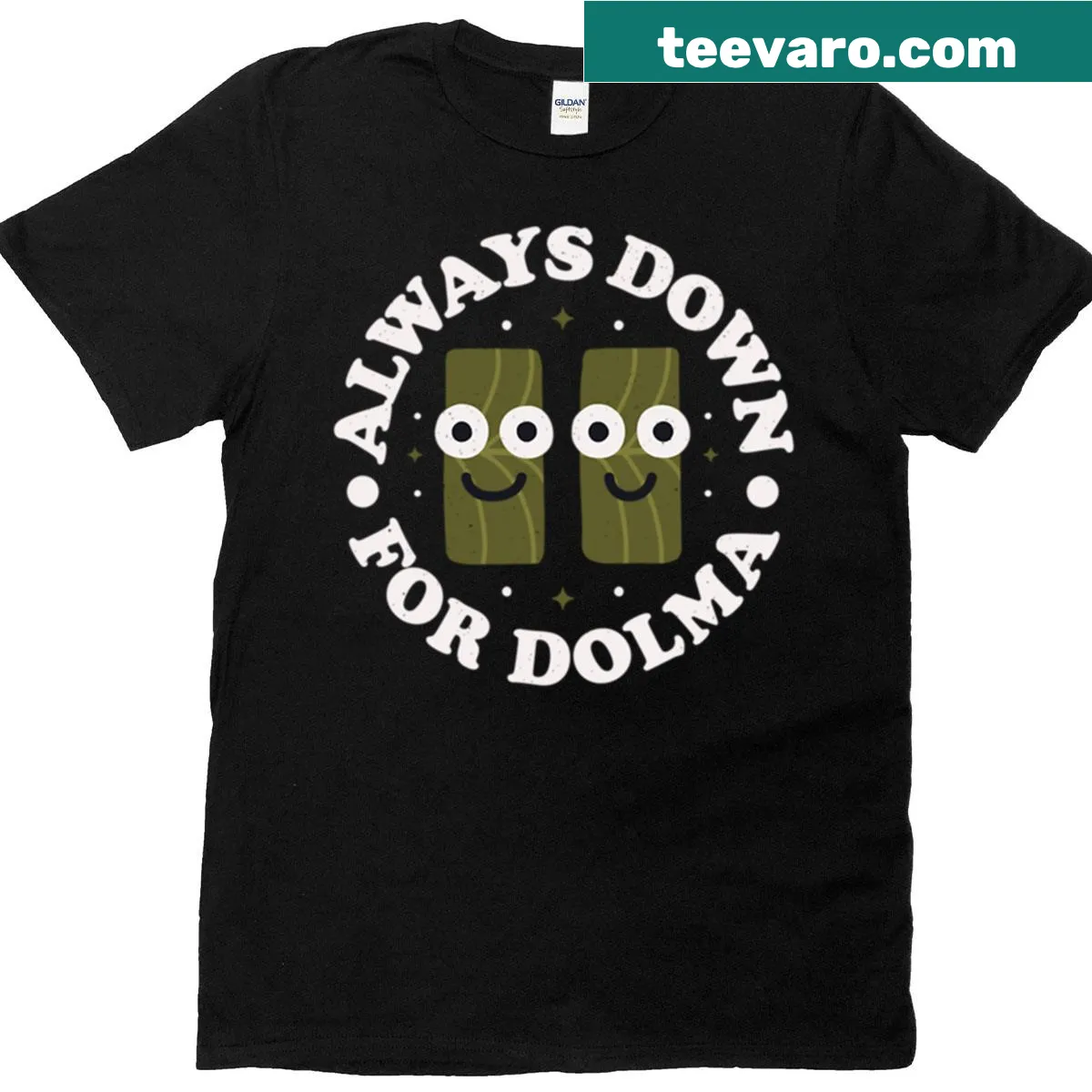 T-shirt with 'Always Down For Dolma' text and food illustration — on a men's t-shirt