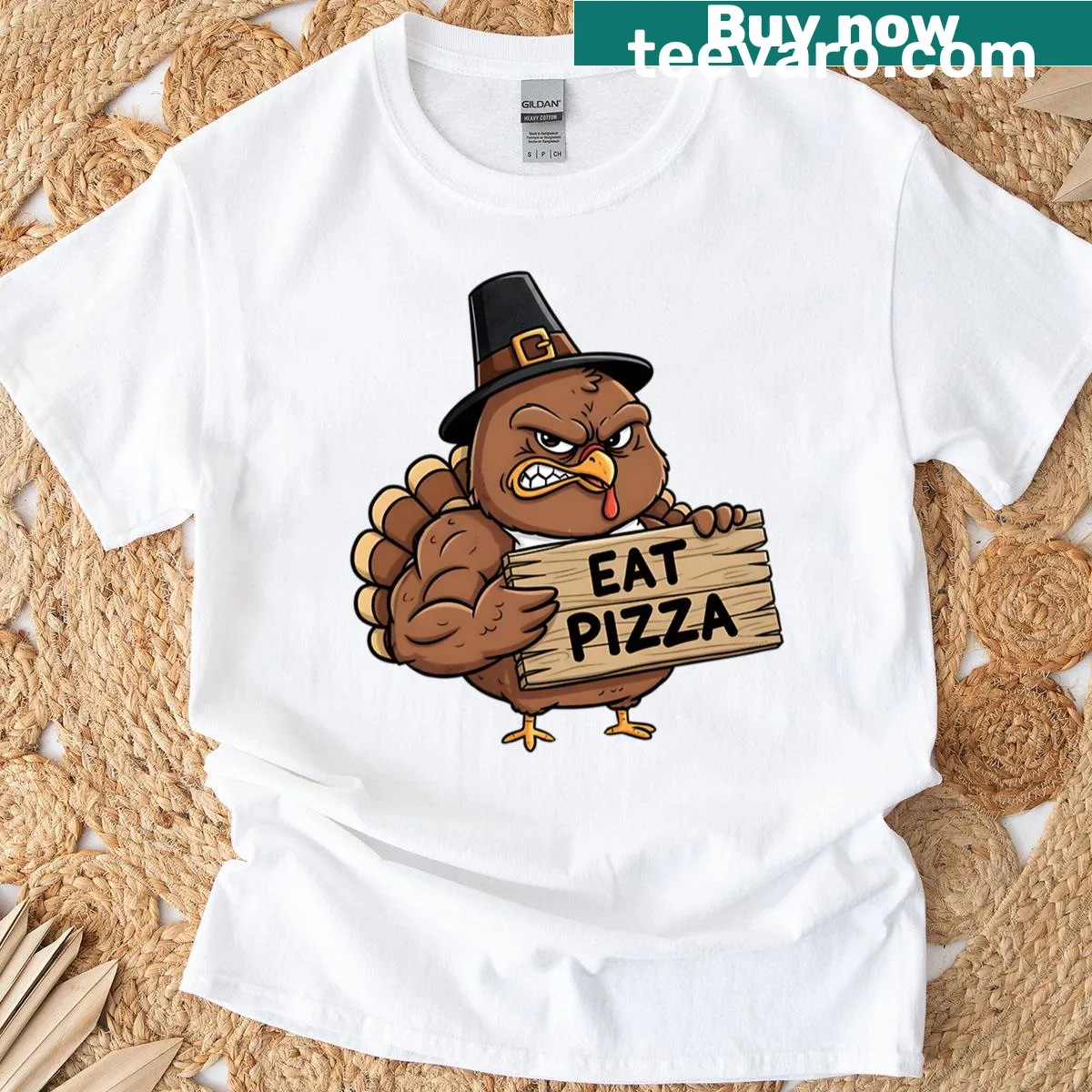 Funny Thanksgiving t-shirt featuring an angry turkey eating pizza — on a men's t-shirt