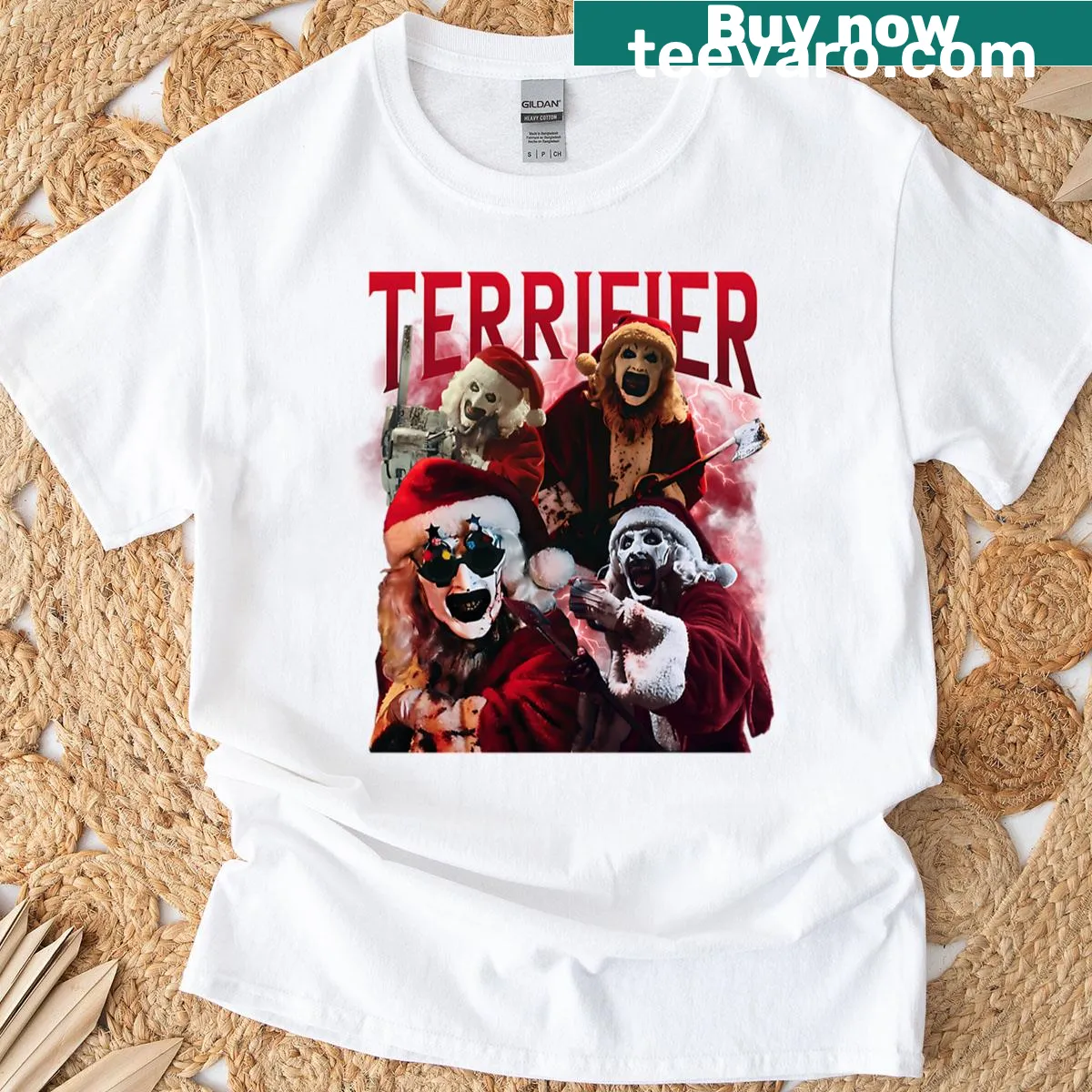 Christmas t-shirt featuring a horror-themed clown illustration — on a men's t-shirt