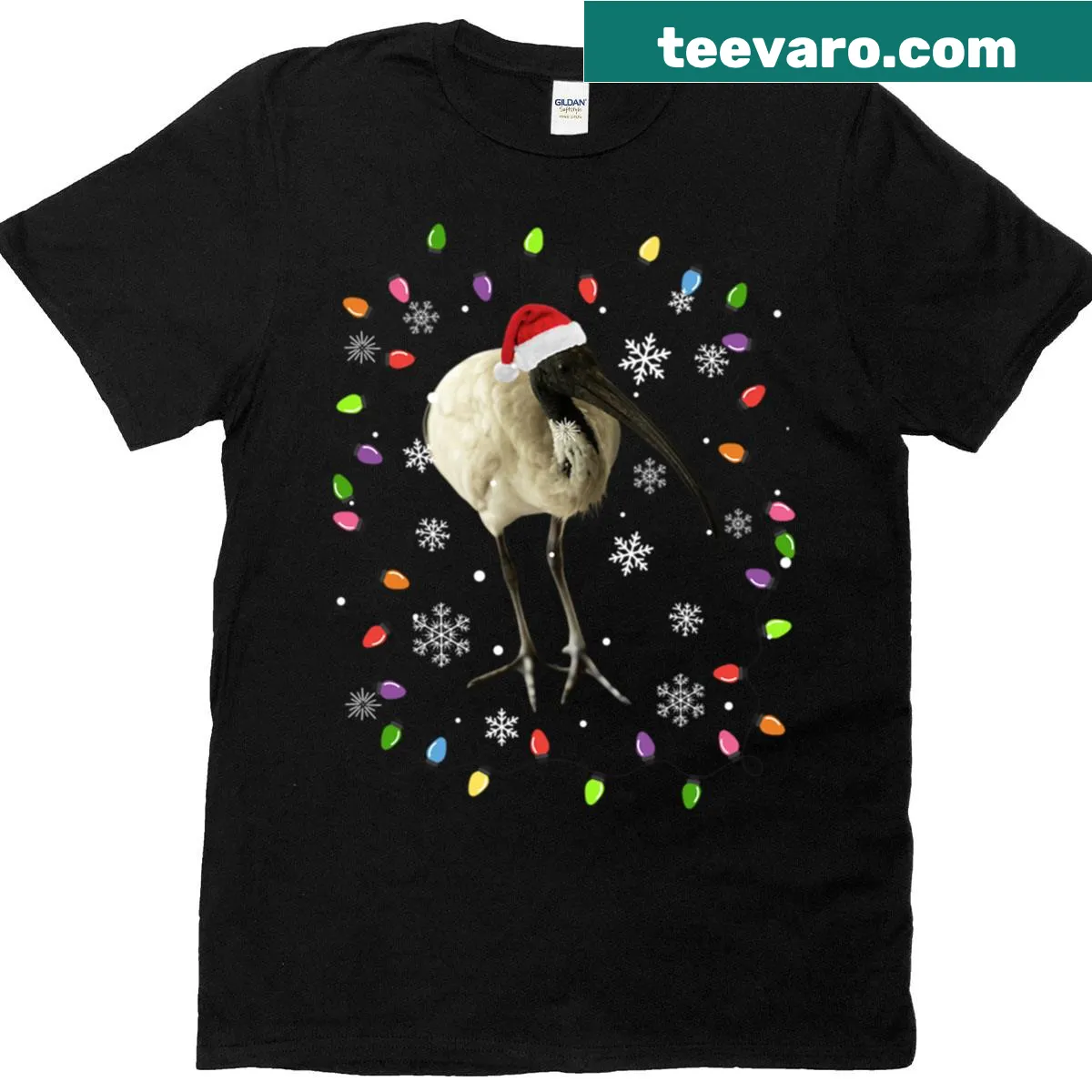 Funny Christmas shirt with an ibis bird in Santa attire and Christmas lights — on a men's t-shirt