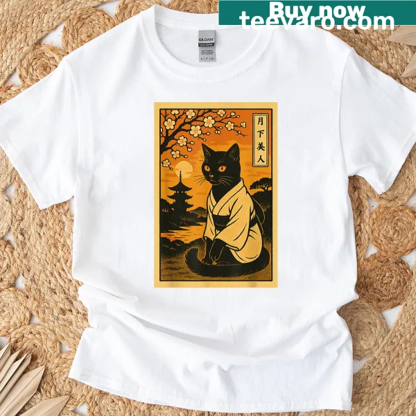 Cartoon cat design with autumn leaves on a funny t-shirt