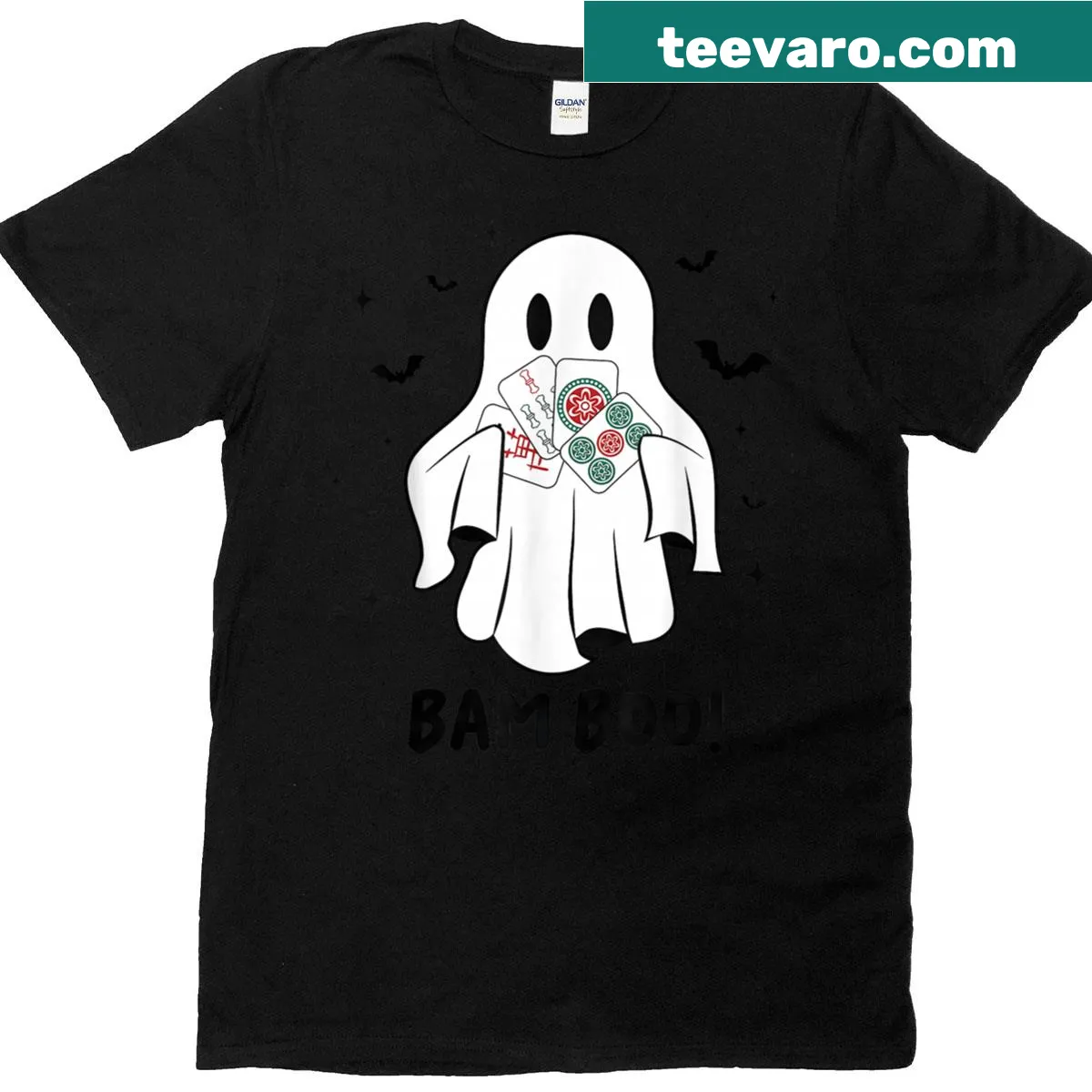 Funny Halloween Ghost playing Mahjong illustration T-shirt — on a men's t-shirt