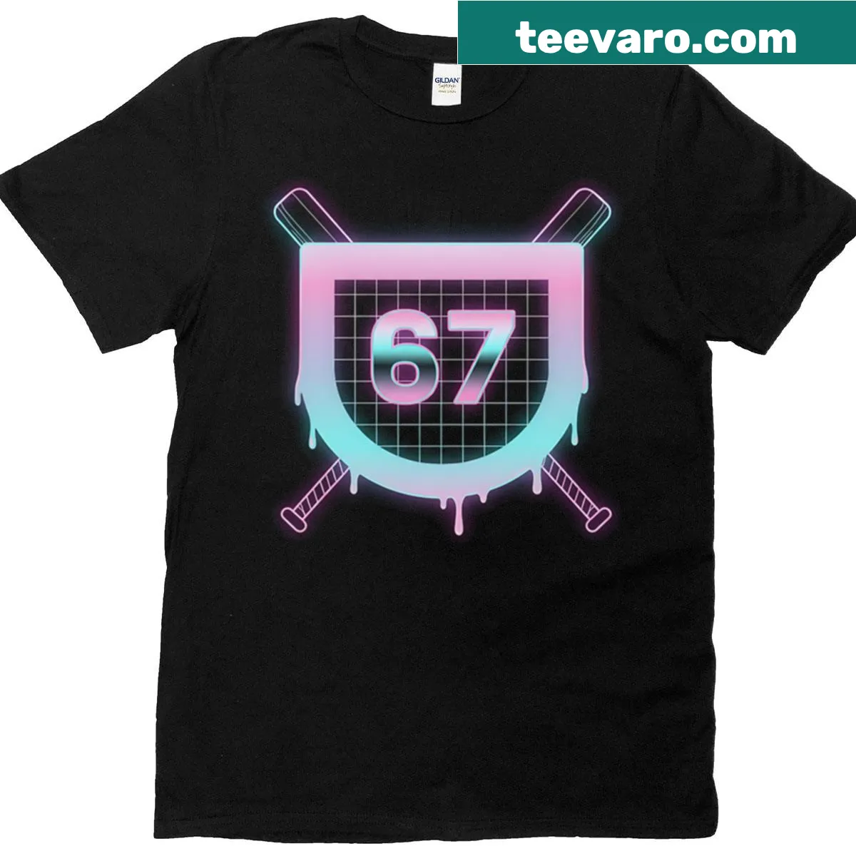 Baseball T-shirt featuring Number 67 meme design — on a men's t-shirt