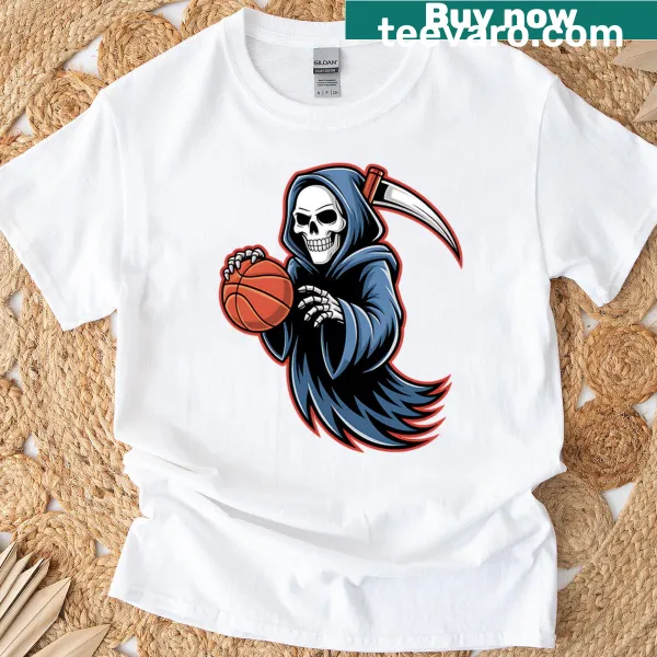 Graphic of a Grim Reaper in a basketball jersey, dribbling a ball