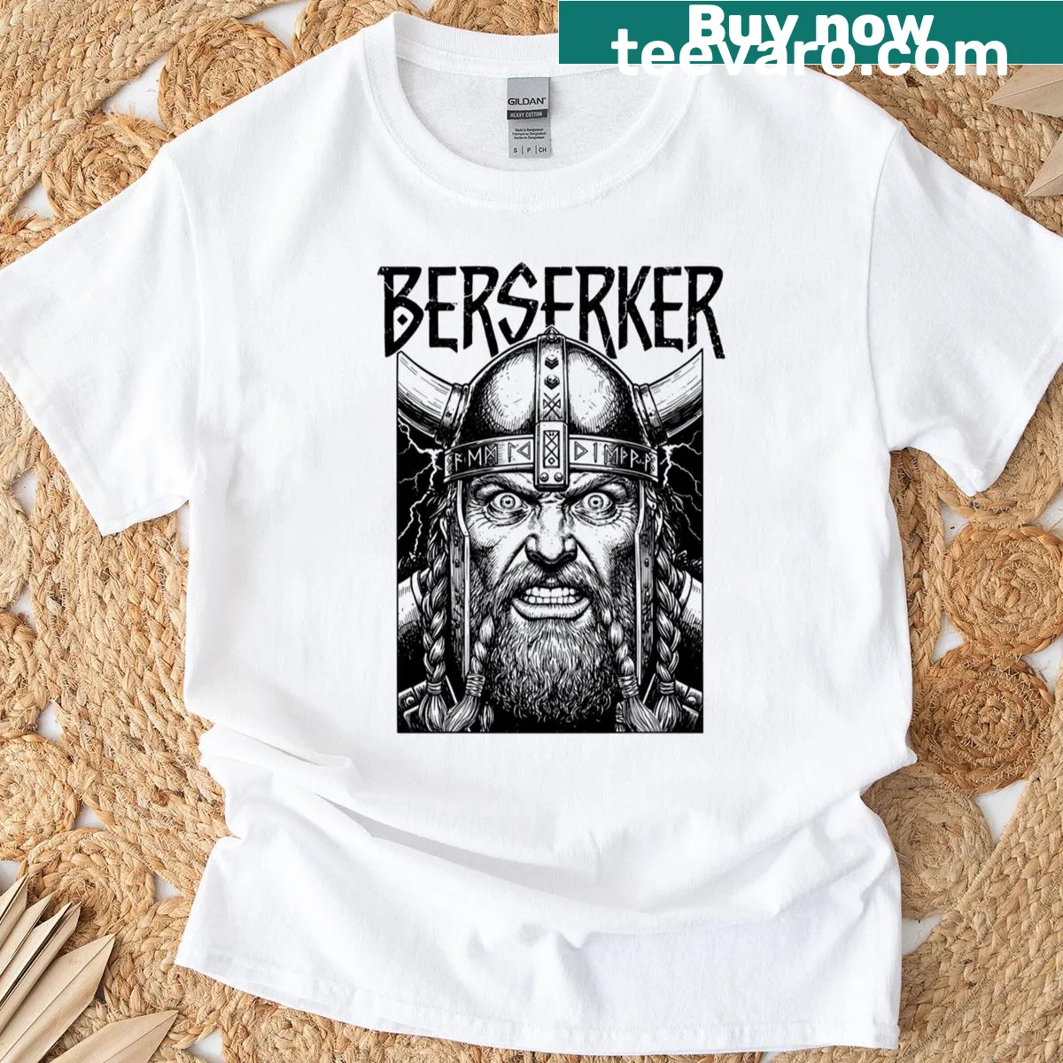 Illustration of a fierce Viking warrior face inspired by Norse mythology. — on a men's t-shirt