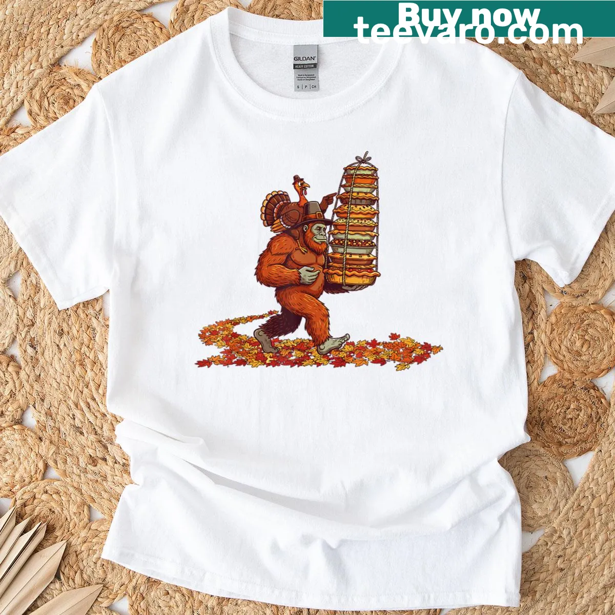 Funny Thanksgiving t-shirt with Bigfoot as a pilgrim — on a men's t-shirt