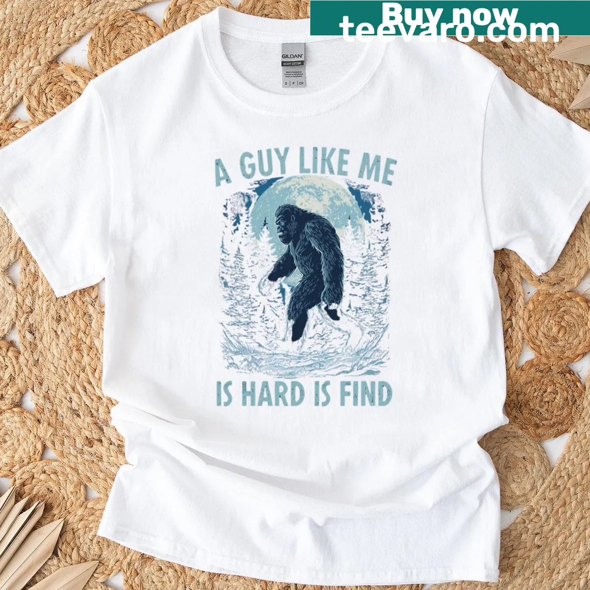 Silhouette of Bigfoot in a forest scene with a moon on a T-shirt — on a men's t-shirt