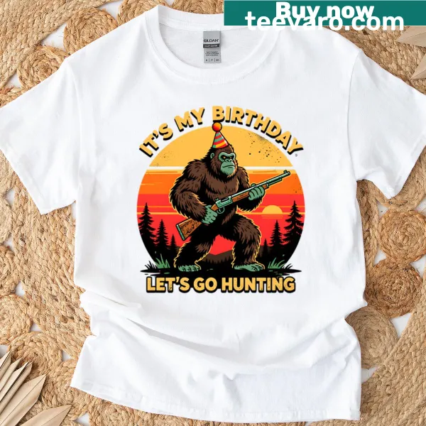 Cartoon Sasquatch celebrating a birthday on an oversized T-shirt