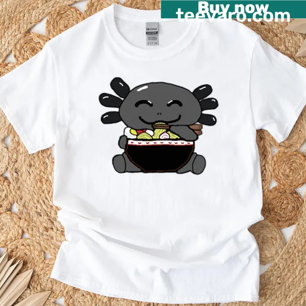 Cute T-shirt featuring a black axolotl in ramen