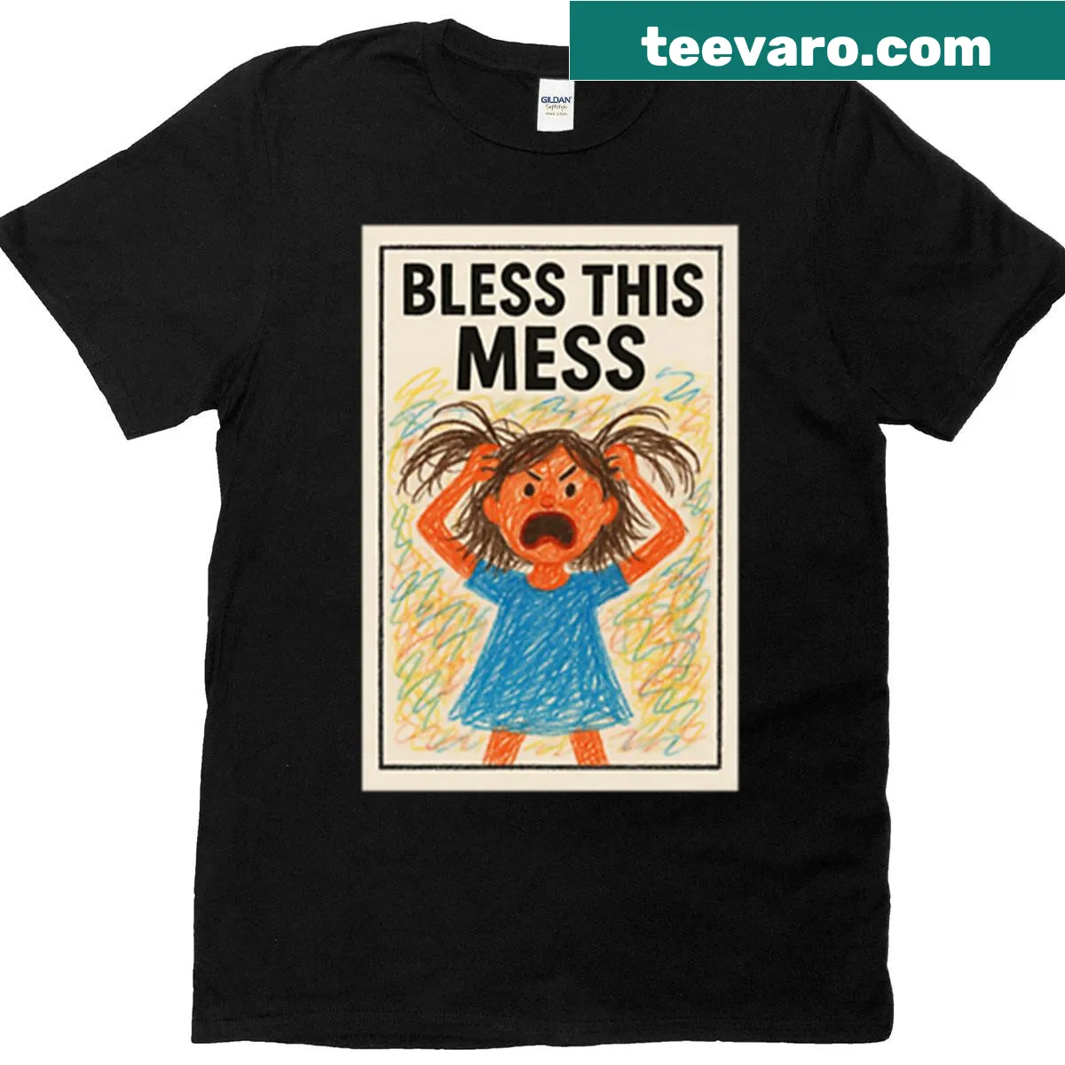 Oversized t-shirt with 'Bless This Mess' doodle design — on a men's t-shirt