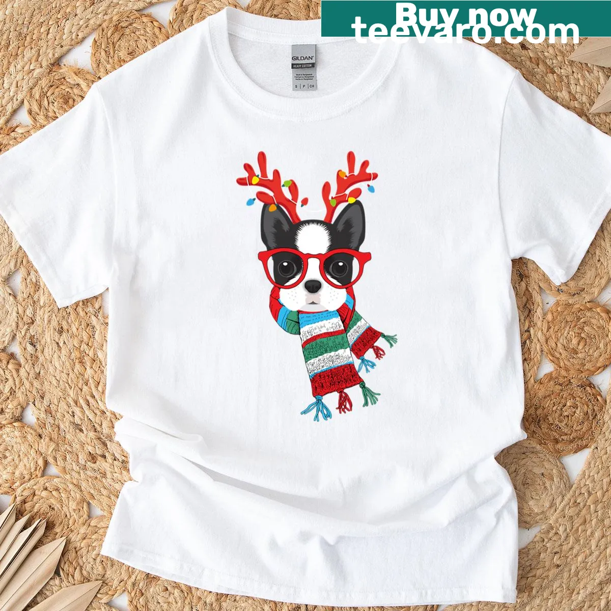 Cute Christmas T-shirt featuring a Boston Terrier as a reindeer with lights — on a men's t-shirt