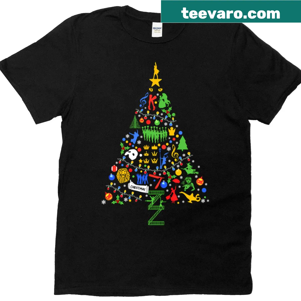 Christmas T-shirt with Broadway-themed design — on a men's t-shirt
