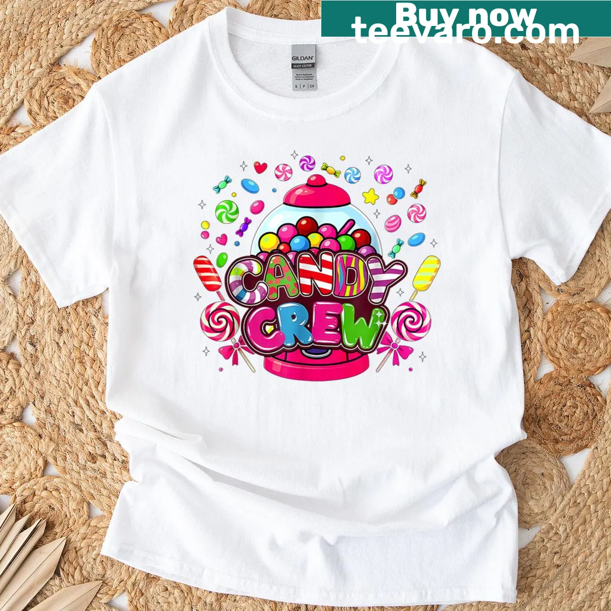 Playful candy-themed Candy Crew t-shirt for women — on a men's t-shirt