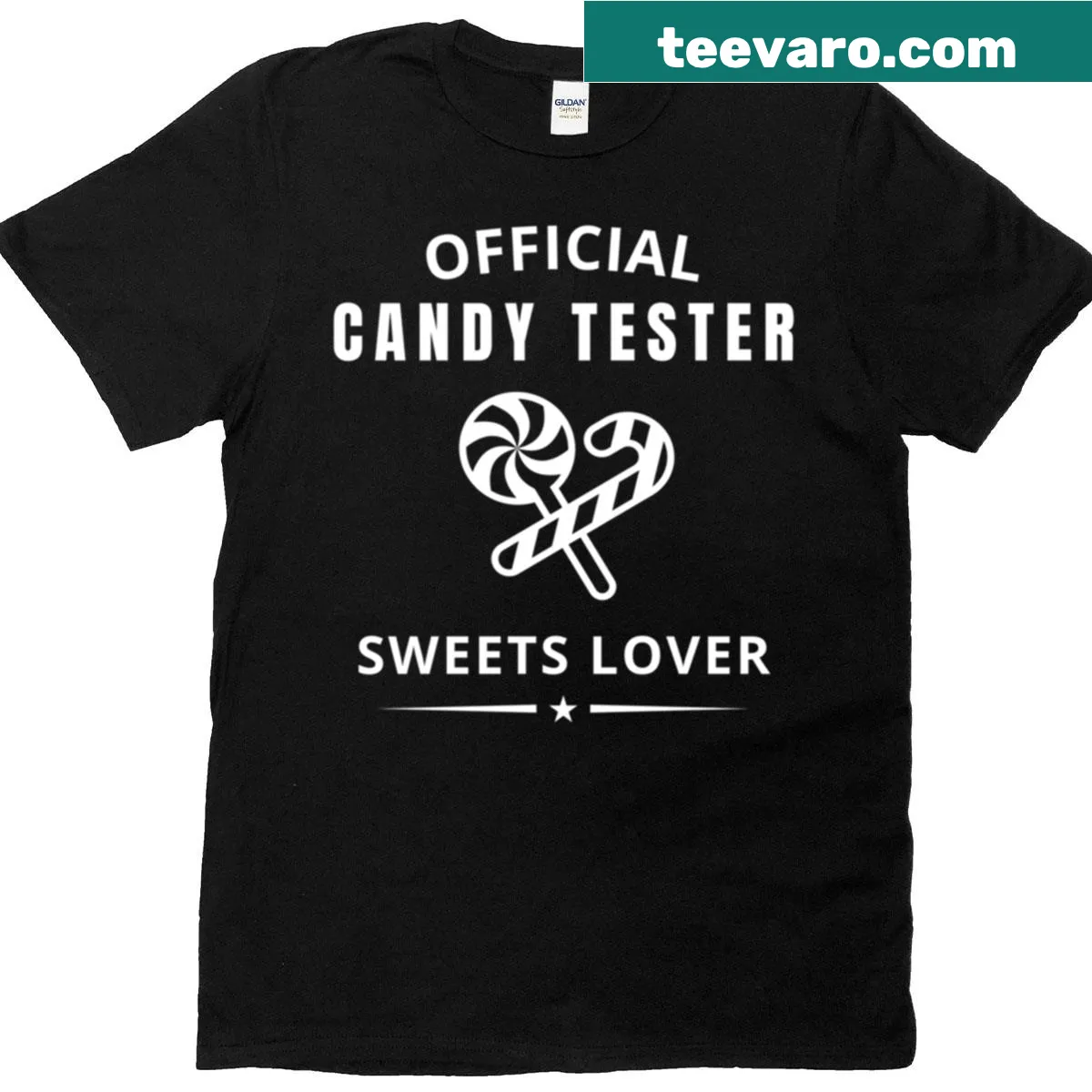 Oversized Candy Tester t-shirt celebrating sweets and lollipops. — on a men's t-shirt