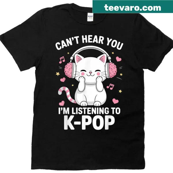Kawaii T-shirt with cat graphic and K-pop music quote