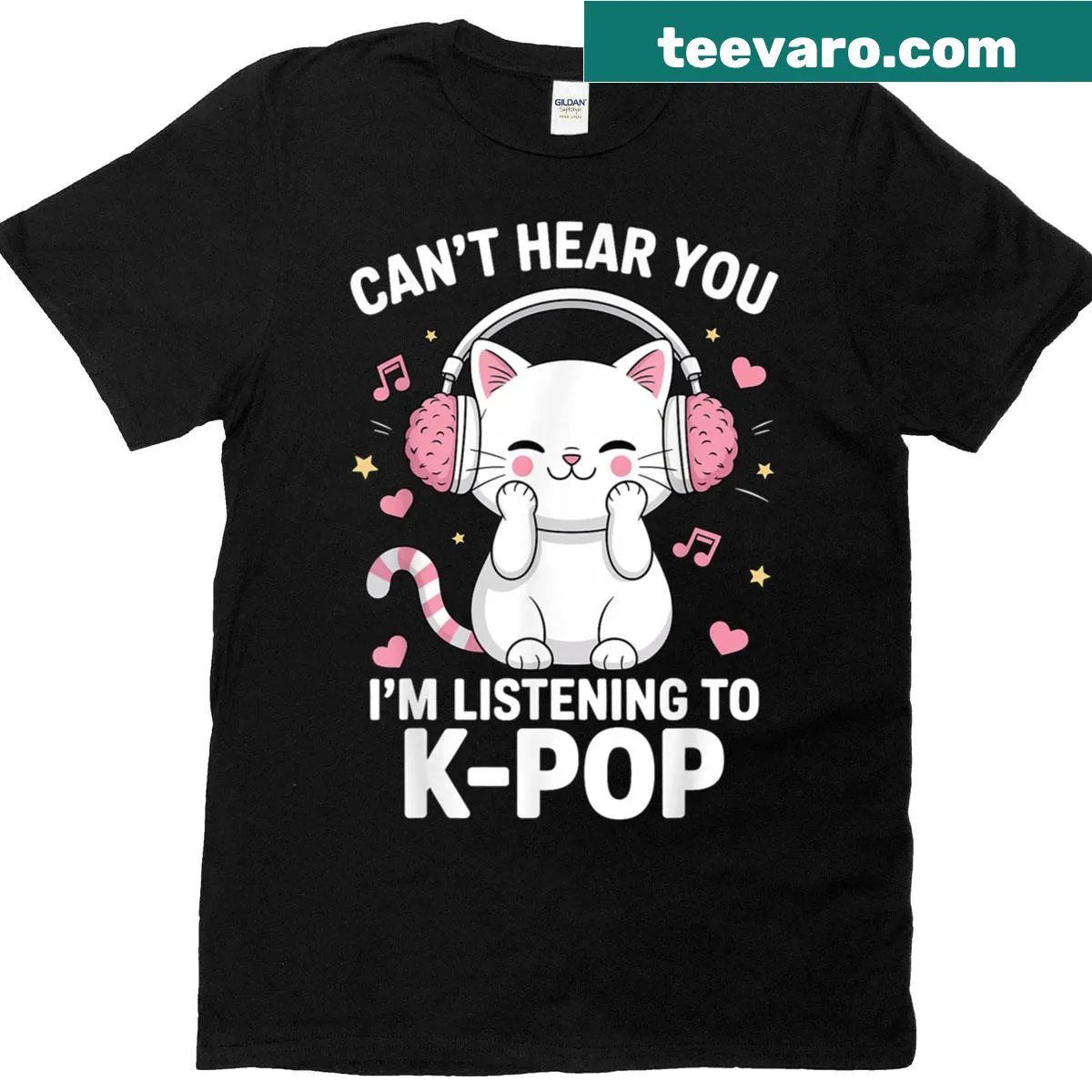 Kawaii T-shirt with cat graphic and K-pop music quote — on a men's t-shirt