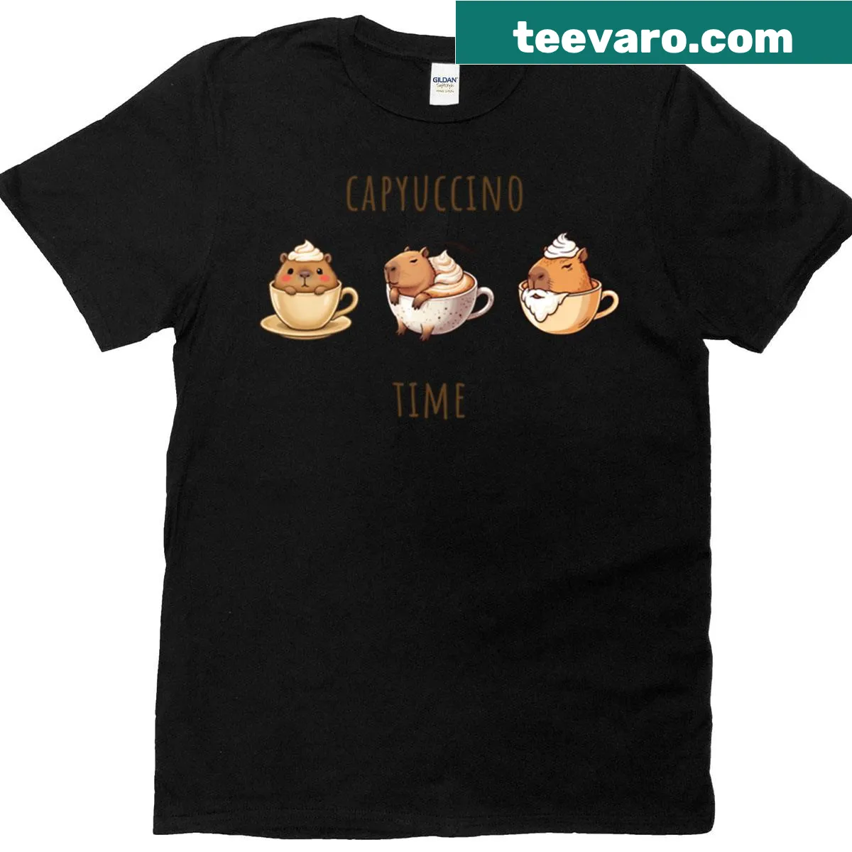 Oversized T-shirt featuring a capybara enjoying a cappuccino — on a men's t-shirt