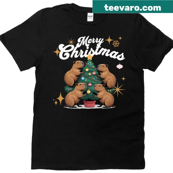Cute cartoon capybaras celebrating Christmas on a t-shirt