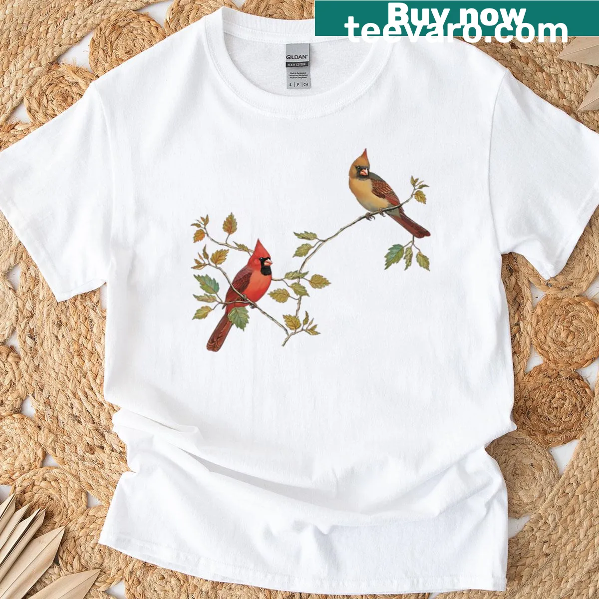 Two cardinals illustrating love and companionship — on a men's t-shirt