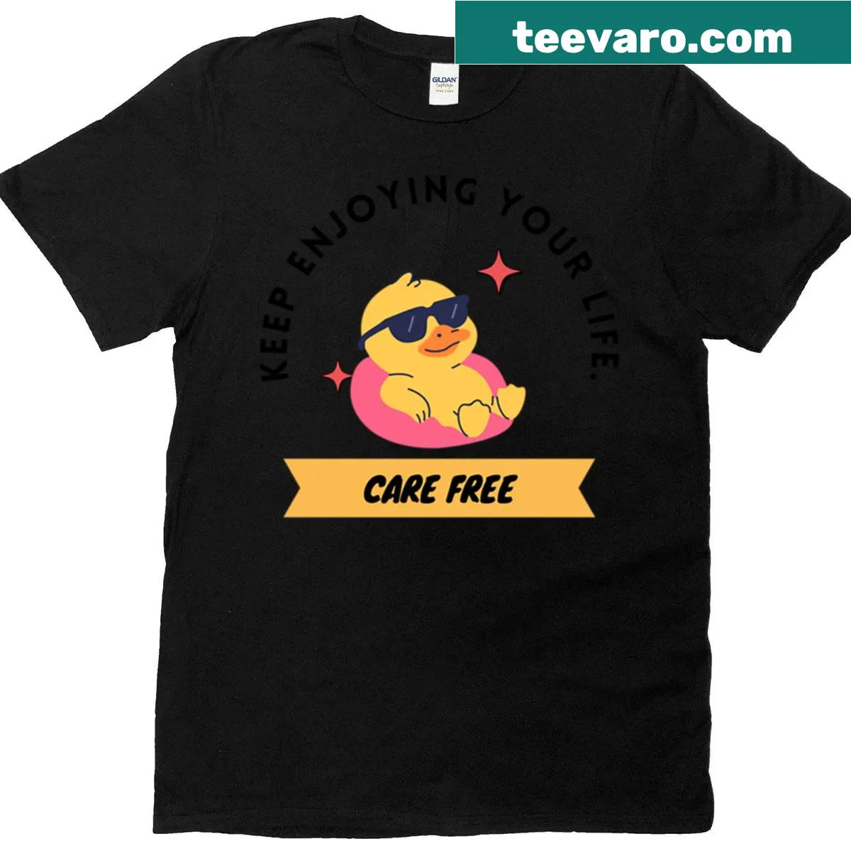 Happy duck illustration on a carefree vibes t-shirt — on a men's t-shirt
