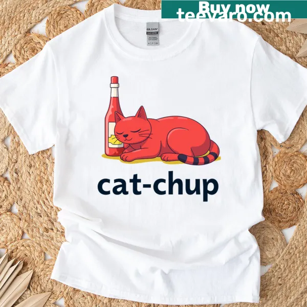 Cartoon cat blended with a ketchup bottle on a t-shirt.
