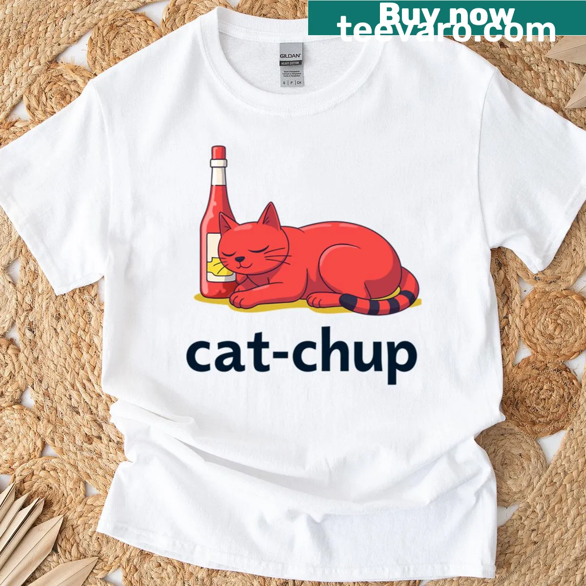 Cartoon cat blended with a ketchup bottle on a t-shirt. — on a men's t-shirt