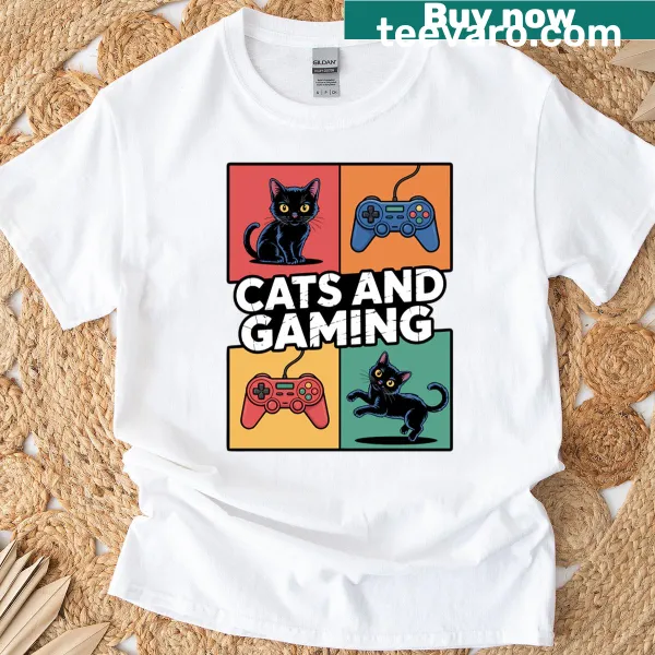 Funny cat graphic with a game controller on a T-shirt