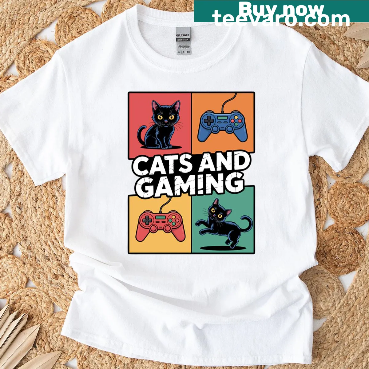 Funny cat graphic with a game controller on a T-shirt — on a men's t-shirt