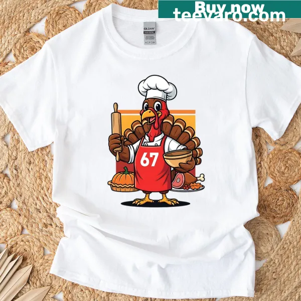 Funny Thanksgiving chef t-shirt with a cartoon turkey design
