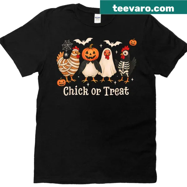 Funny Halloween T-shirt featuring a chicken in costume
