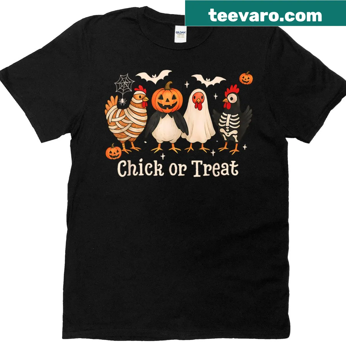 Funny Halloween T-shirt featuring a chicken in costume — on a men's t-shirt