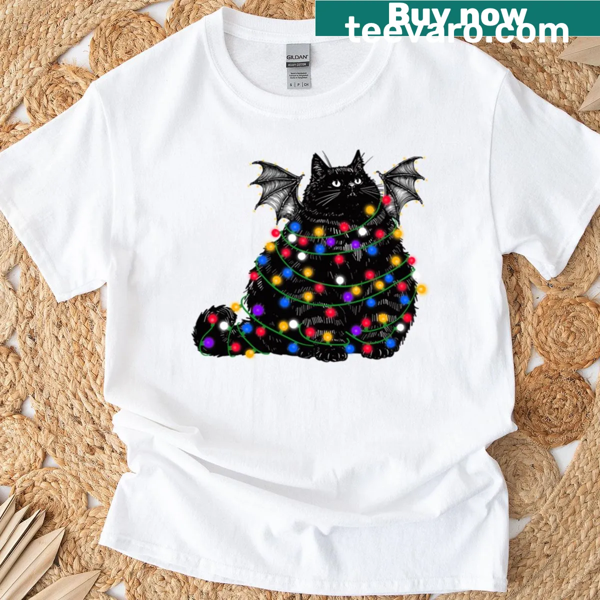 Cute T-shirt featuring a chonky bat cat in Christmas lights — on a men's t-shirt