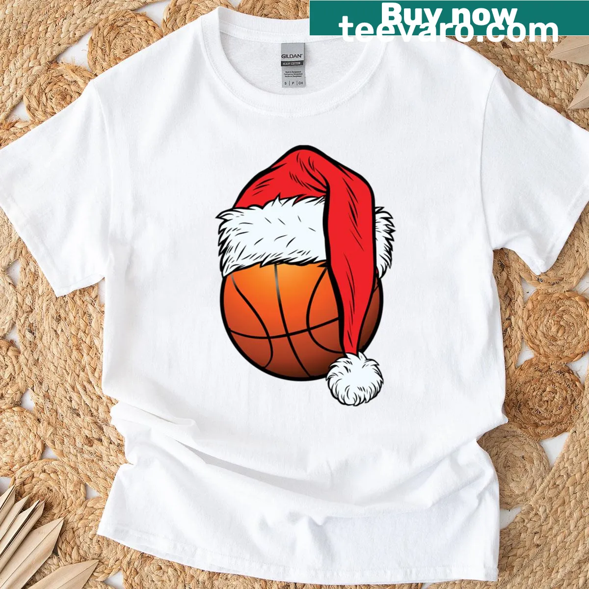 Funny T-shirt with a basketball wearing a Santa hat — on a men's t-shirt