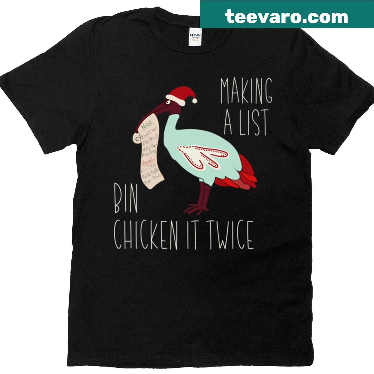 Funny Christmas Bin Chicken T-shirt featuring a cartoon ibis — on a men's t-shirt