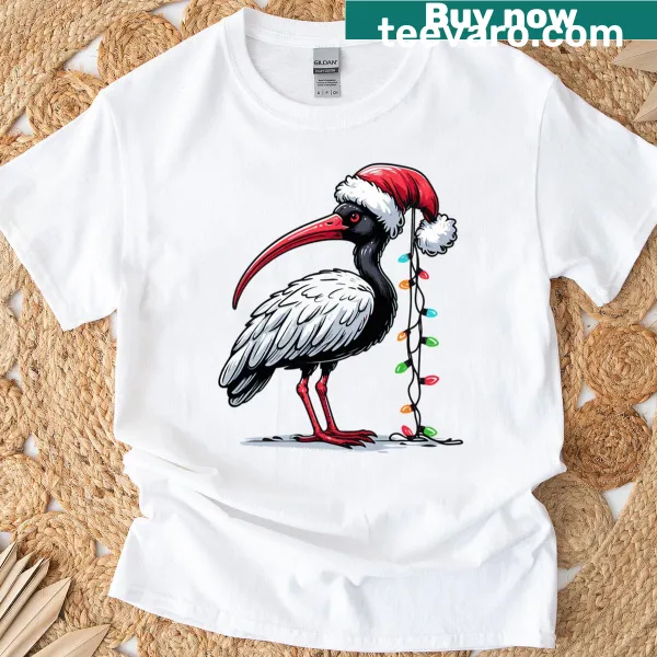 Funny T-shirt featuring a Santa bird known as the 'Bin Chicken' in Christmas lights.