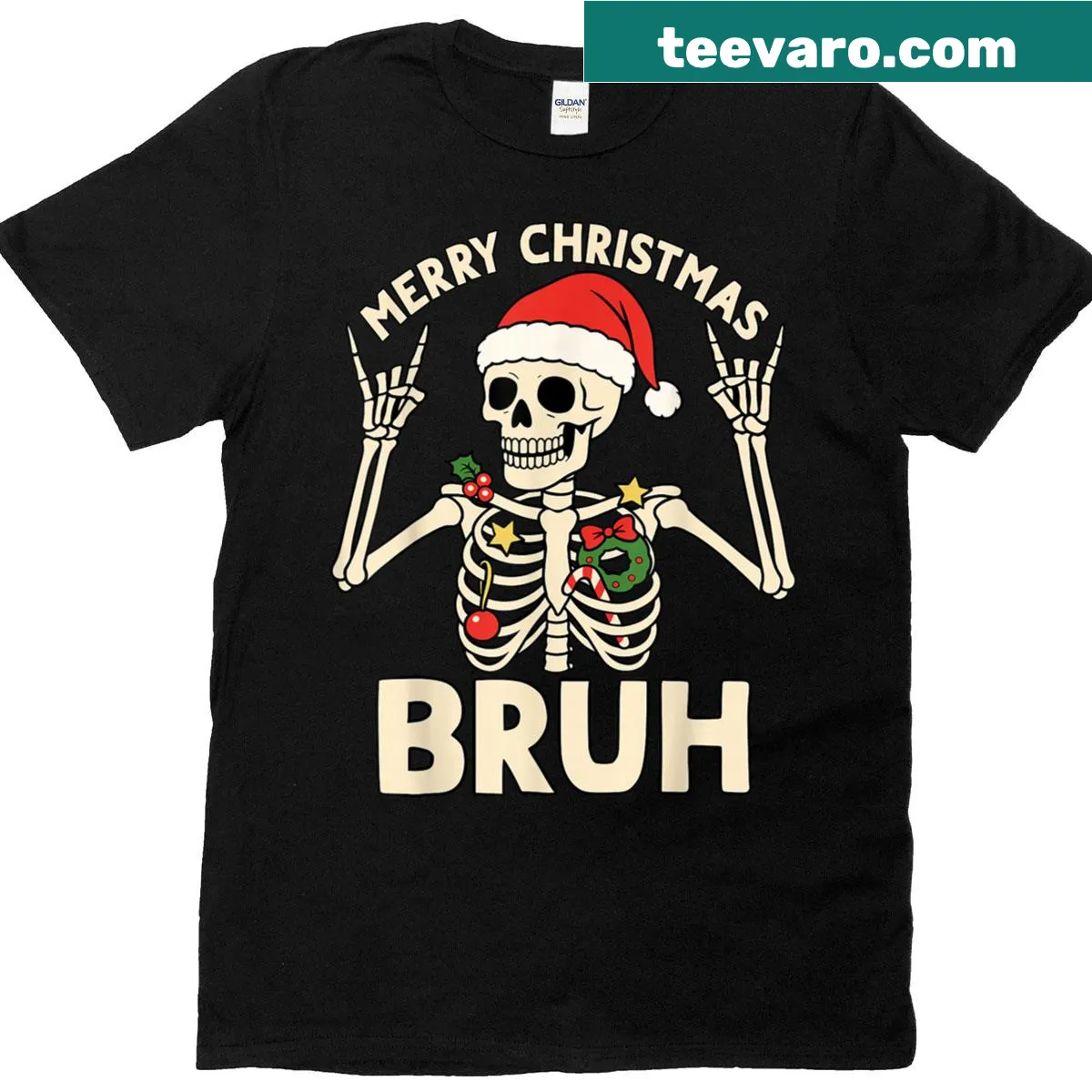 Funny Christmas skeleton rocker design T-shirt — on a men's t-shirt