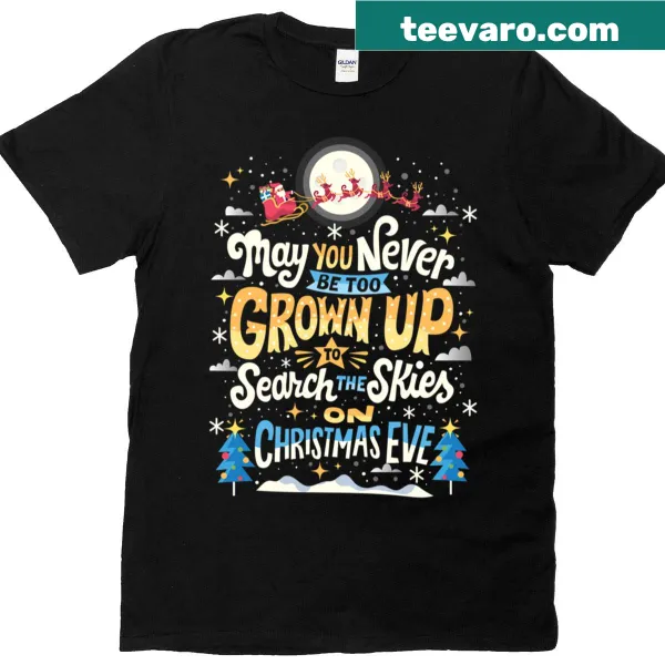 Illustrated Christmas Eve scene t-shirt with festive holiday symbols