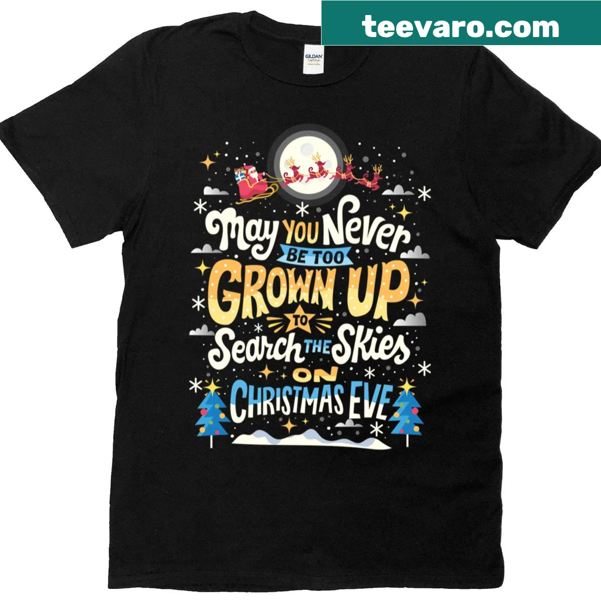 Illustrated Christmas Eve scene t-shirt with festive holiday symbols — on a men's t-shirt