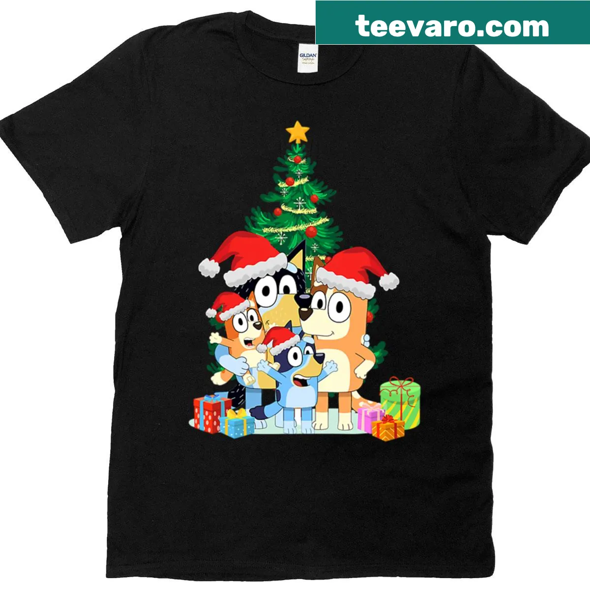 Cartoon characters around a Christmas tree graphic t-shirt — on a men's t-shirt