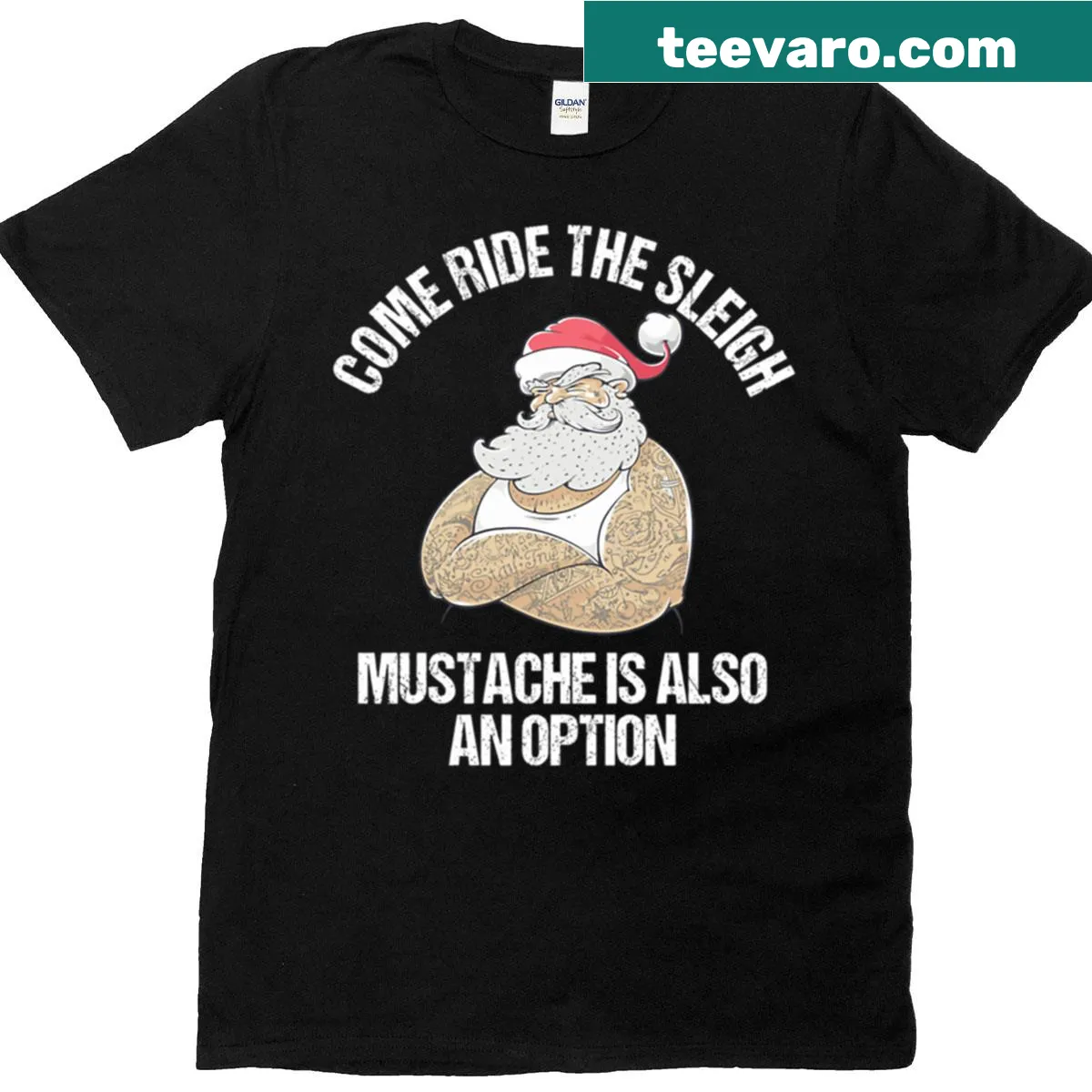 Funny Santa graphic promoting free sleigh rides on T-shirt — on a men's t-shirt