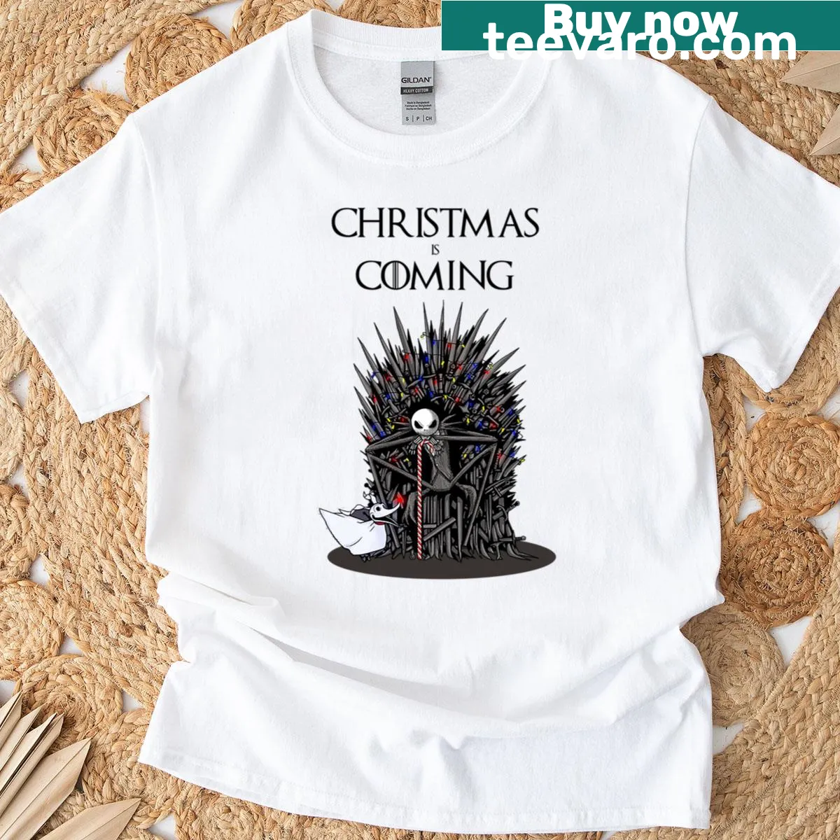 Cheerful T-shirt with the phrase 'Christmas Is Coming' in festive style. — on a men's t-shirt