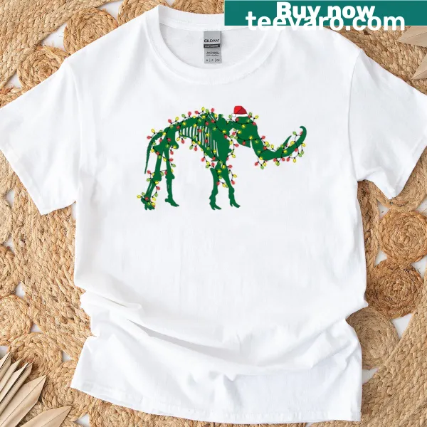 Adorable mammoth in festive attire on a Christmas-themed shirt.