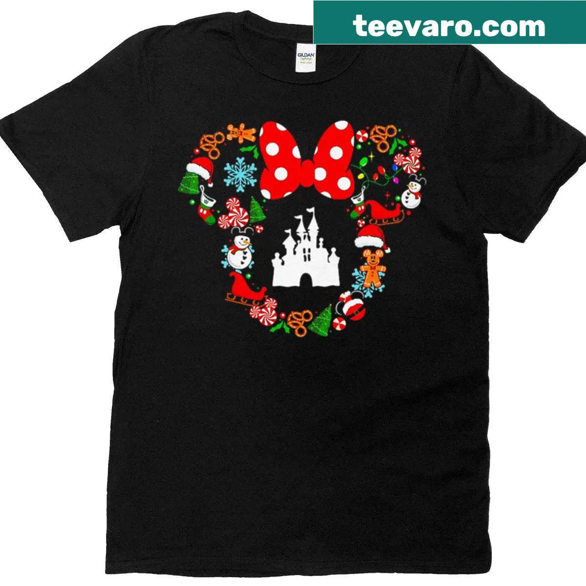 Oversized T-shirt with Christmas Minnie Mouse head masks graphic — on a men's t-shirt