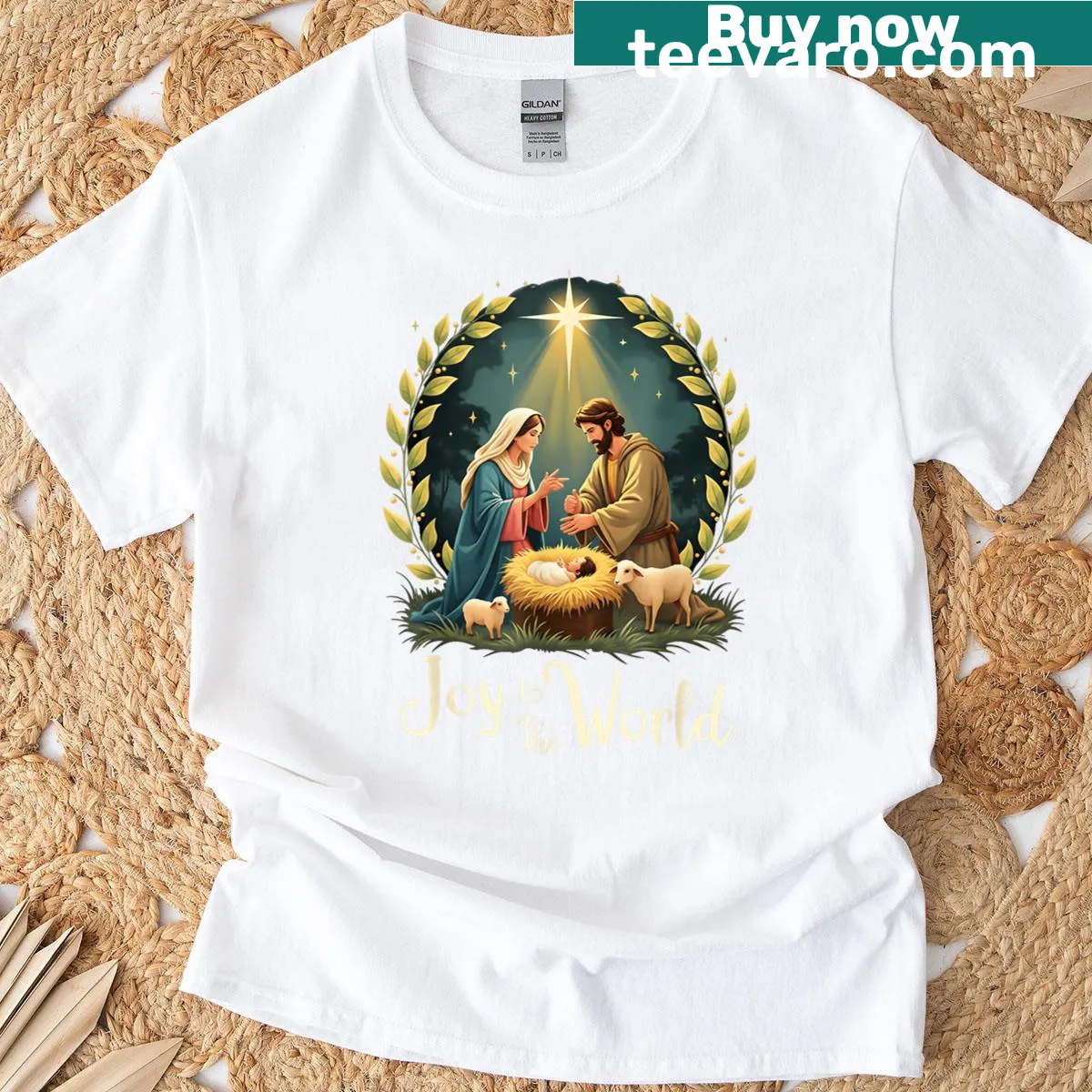 T-shirt depicting the nativity scene with 'Joy To The World' text — on a men's t-shirt
