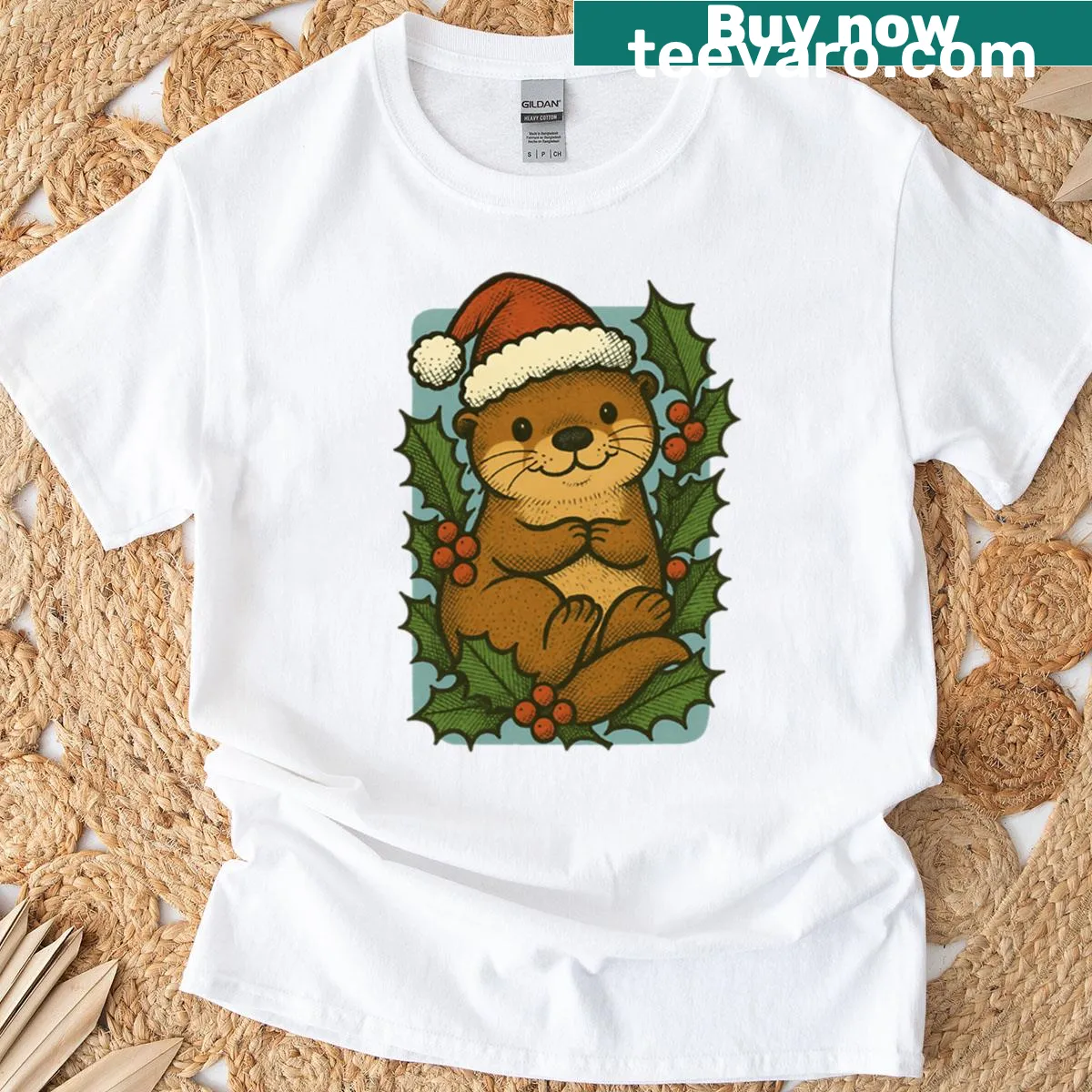Cute cartoon otter in festive holiday attire on a T-shirt — on a men's t-shirt