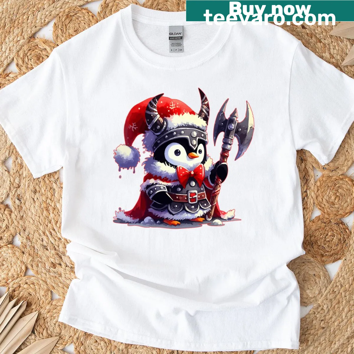 Kawaii penguin Viking graphic on Christmas t-shirt — on a men's t-shirt