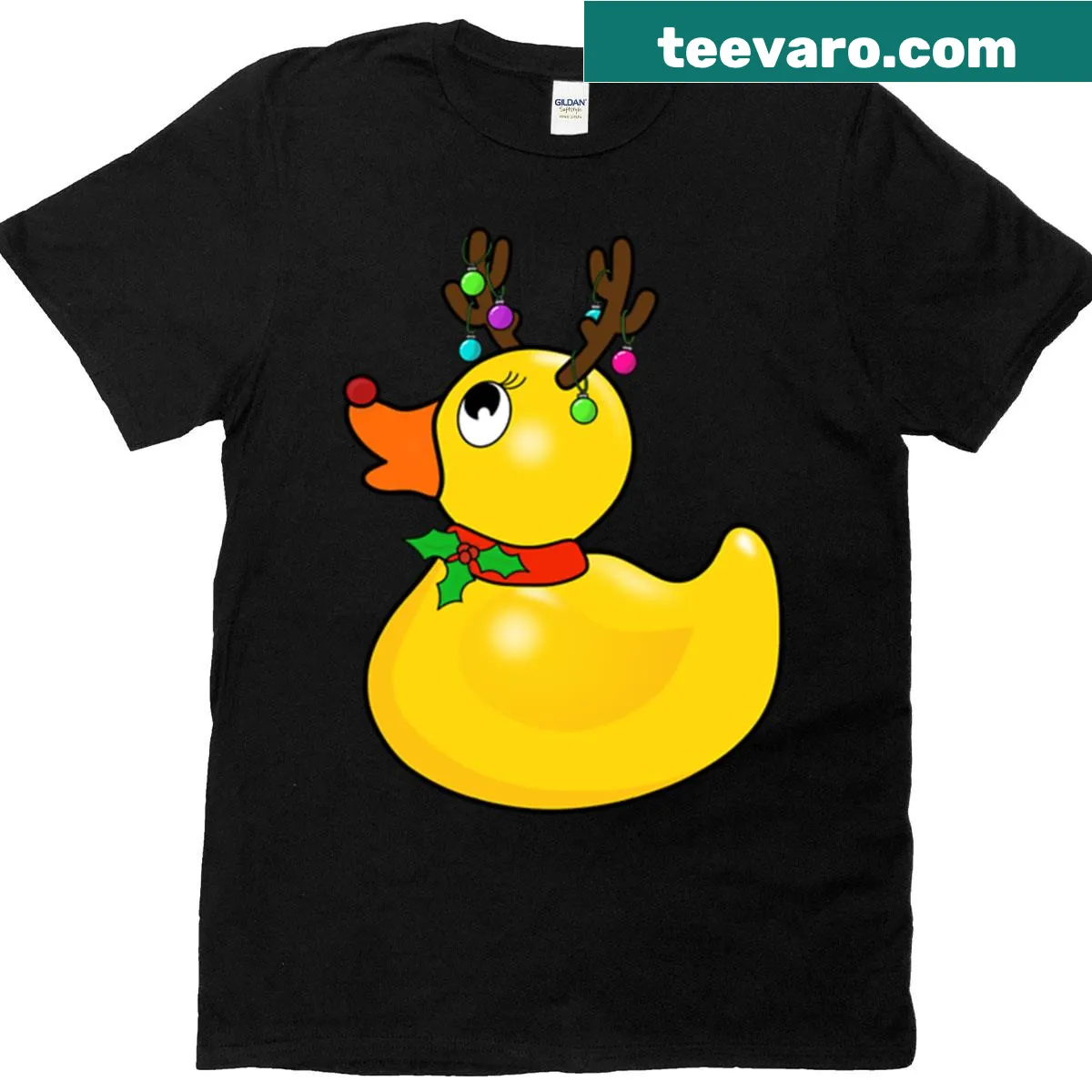 Cartoon Christmas t-shirt with a reindeer rubber duck design — on a men's t-shirt