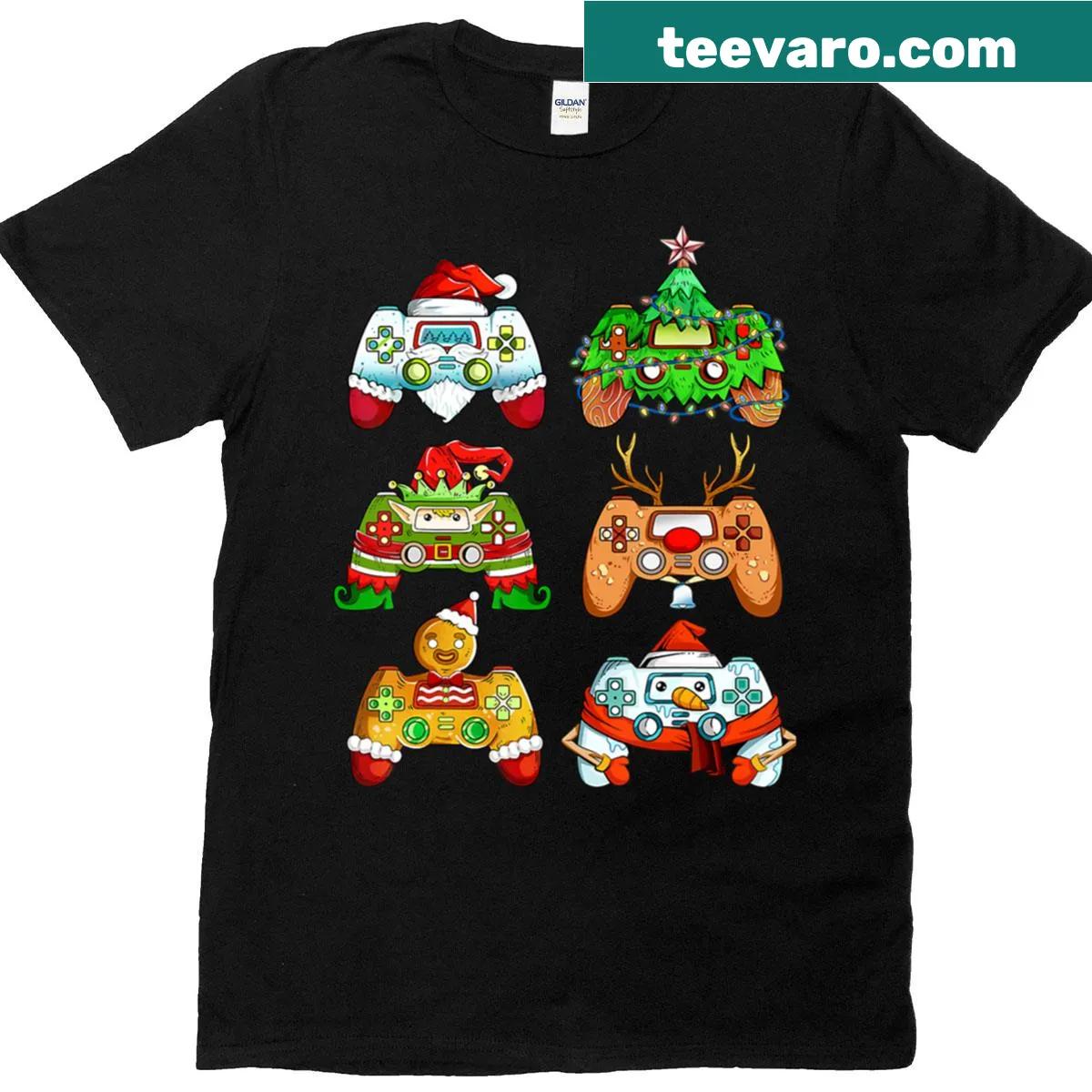 Christmas t-shirt for kids featuring Santa, elf, snowman, and gaming controllers — on a men's t-shirt